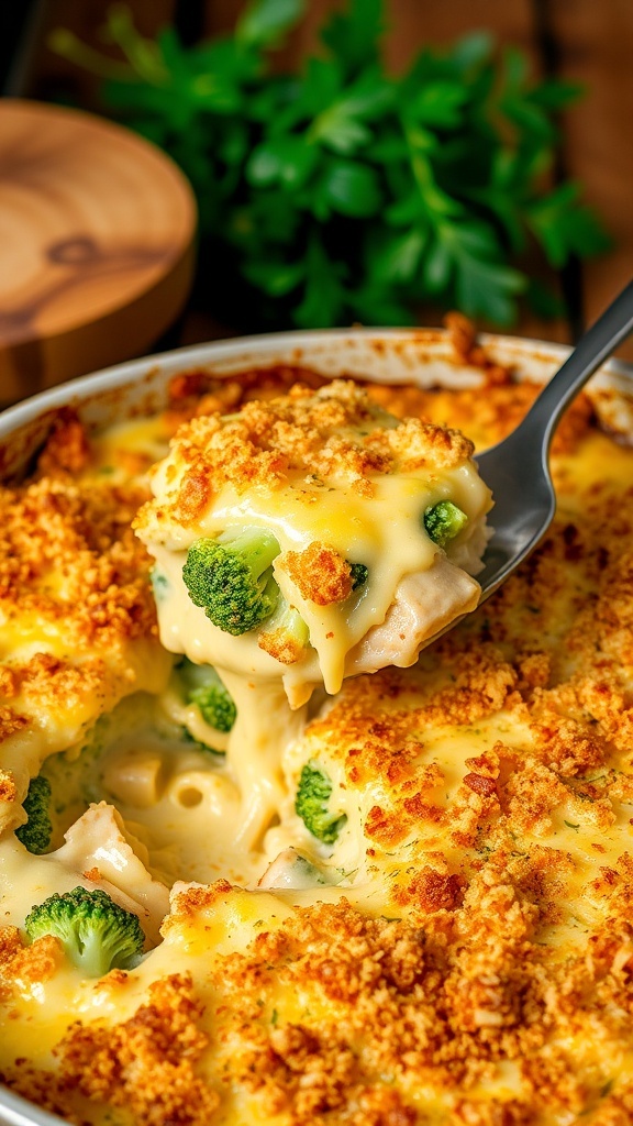 Cheesy chicken and broccoli casserole in a baking dish with a golden breadcrumb topping.